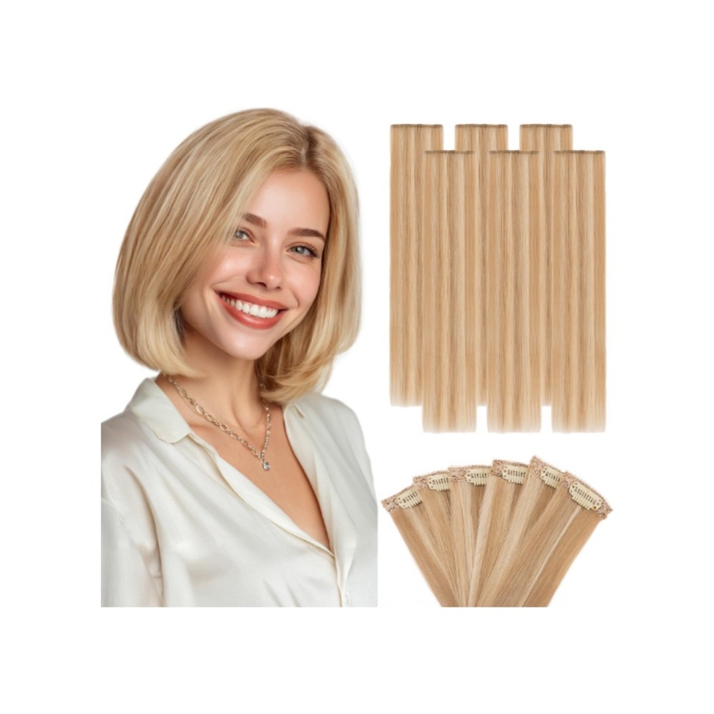 Hairro 6PC 14" Human Hair Clip In Extensions Blonde #12P613 36g Short Hairpieces - Picture 1 of 7